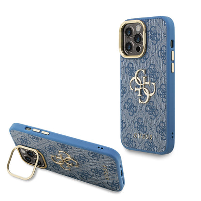 iPhone 14 Pro Max Kılıf Guess Orjinal Lisanslı PU Deri 4G Desenli Metal Büyük 4G ve Yazı Logolu Kamera Standlı Kapak