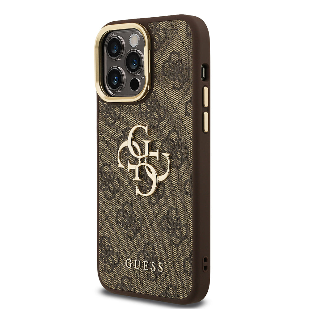 iPhone 14 Pro Max Kılıf Guess Orjinal Lisanslı PU Deri 4G Desenli Metal Büyük 4G ve Yazı Logolu Kamera Standlı Kapak