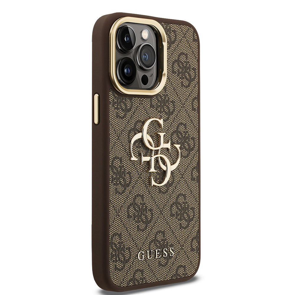 iPhone 14 Pro Max Kılıf Guess Orjinal Lisanslı PU Deri 4G Desenli Metal Büyük 4G ve Yazı Logolu Kamera Standlı Kapak