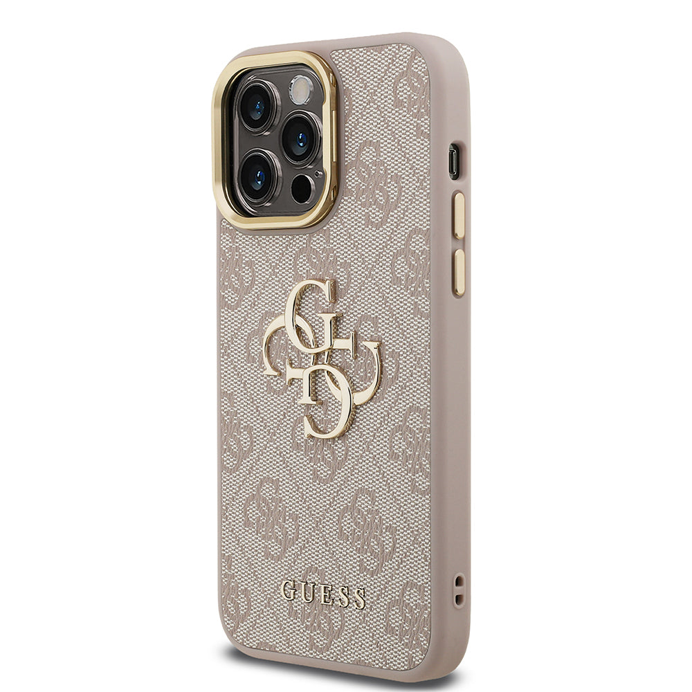 iPhone 14 Pro Max Kılıf Guess Orjinal Lisanslı PU Deri 4G Desenli Metal Büyük 4G ve Yazı Logolu Kamera Standlı Kapak