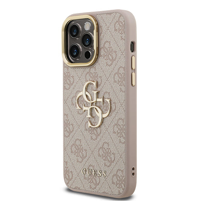 iPhone 14 Pro Max Kılıf Guess Orjinal Lisanslı PU Deri 4G Desenli Metal Büyük 4G ve Yazı Logolu Kamera Standlı Kapak
