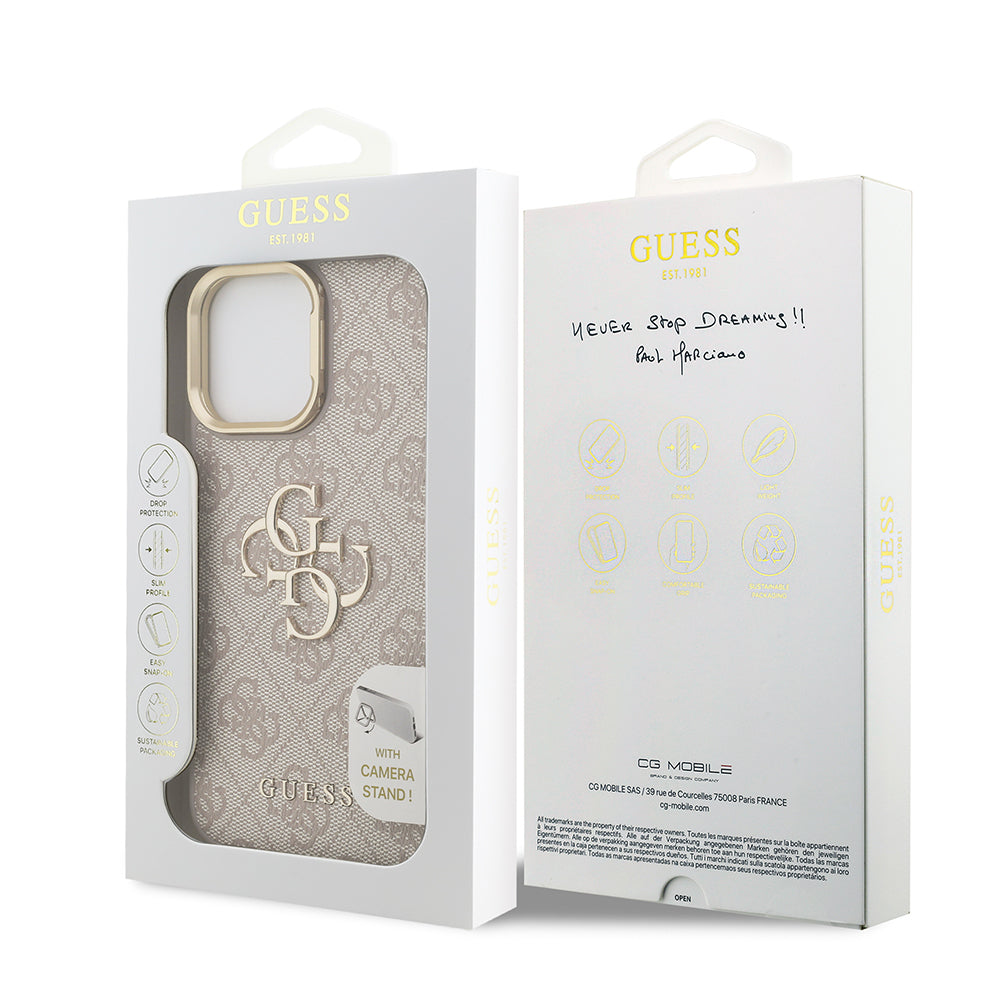 iPhone 14 Pro Max Kılıf Guess Orjinal Lisanslı PU Deri 4G Desenli Metal Büyük 4G ve Yazı Logolu Kamera Standlı Kapak