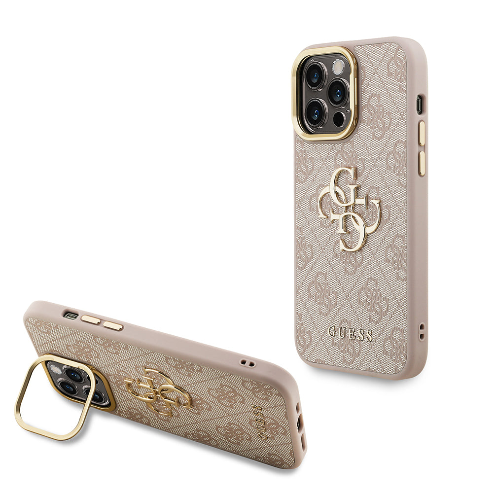 iPhone 14 Pro Max Kılıf Guess Orjinal Lisanslı PU Deri 4G Desenli Metal Büyük 4G ve Yazı Logolu Kamera Standlı Kapak