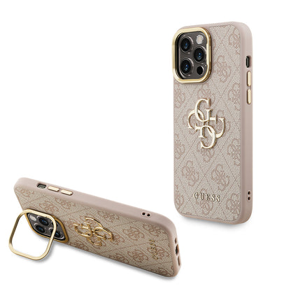iPhone 14 Pro Max Kılıf Guess Orjinal Lisanslı PU Deri 4G Desenli Metal Büyük 4G ve Yazı Logolu Kamera Standlı Kapak