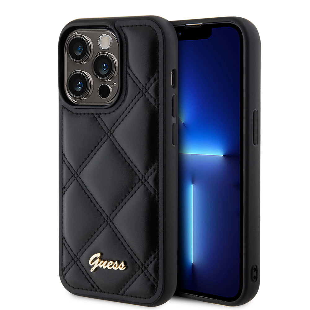 iPhone 14 Pro Max Kılıf Guess Orjinal Lisanslı PU Deri Metal Yazı Logolu Kapitone Kapak