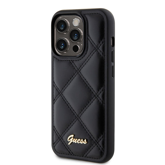 iPhone 14 Pro Max Kılıf Guess Orjinal Lisanslı PU Deri Metal Yazı Logolu Kapitone Kapak
