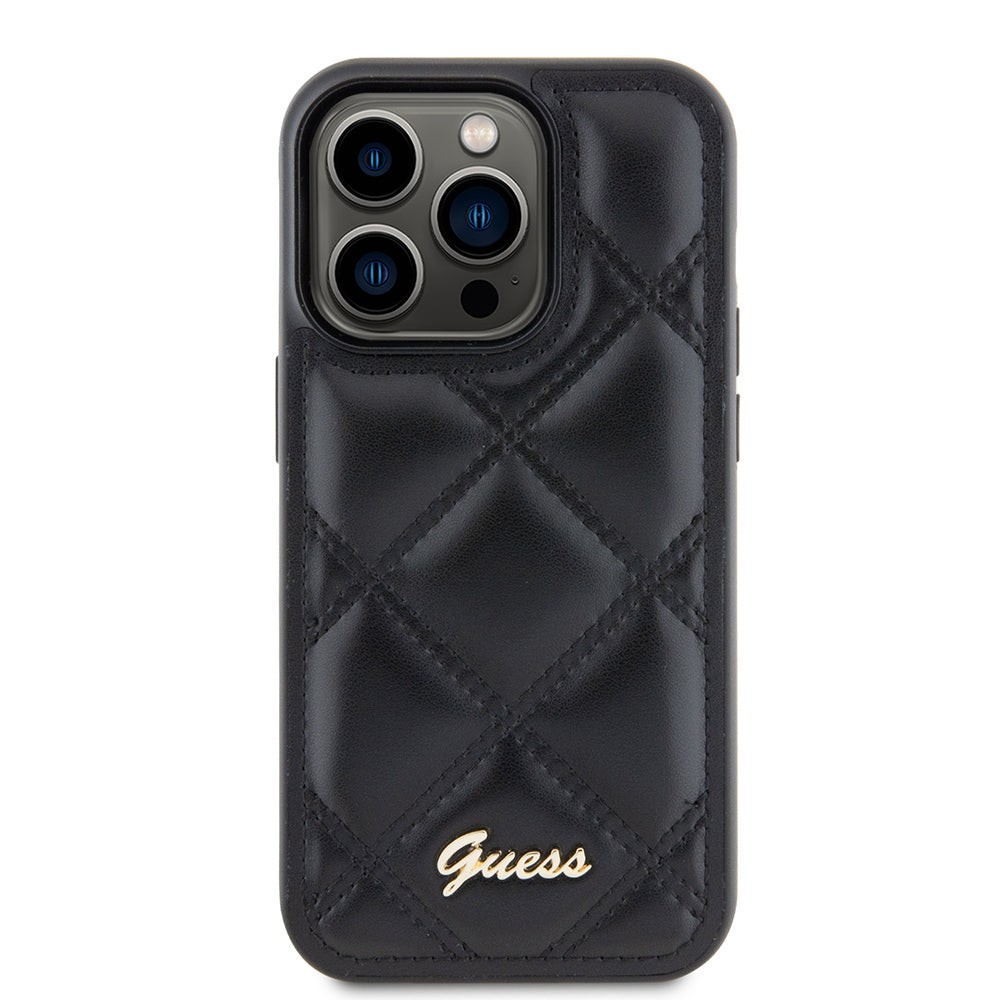 iPhone 14 Pro Max Kılıf Guess Orjinal Lisanslı PU Deri Metal Yazı Logolu Kapitone Kapak
