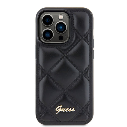 iPhone 14 Pro Max Kılıf Guess Orjinal Lisanslı PU Deri Metal Yazı Logolu Kapitone Kapak