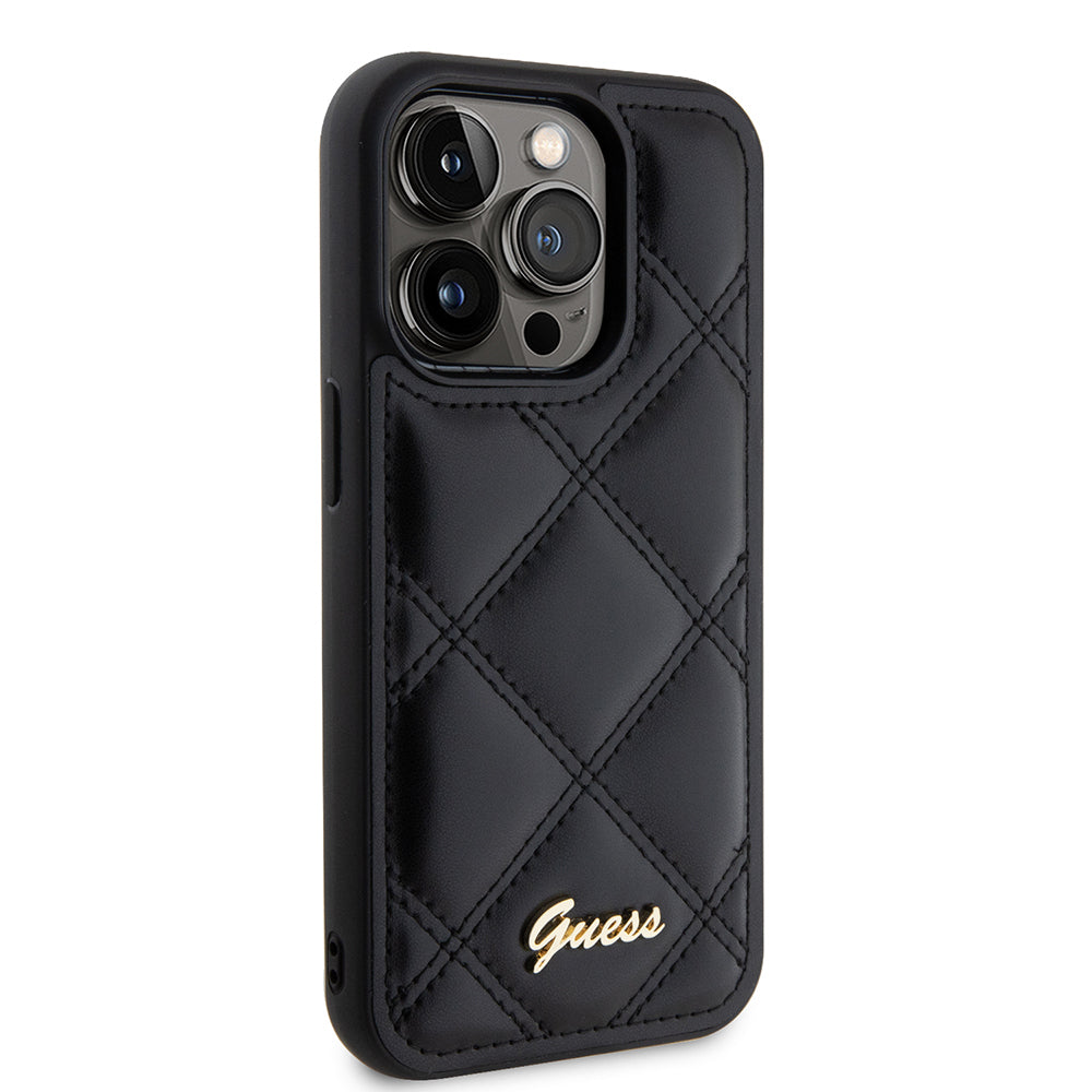 iPhone 14 Pro Max Kılıf Guess Orjinal Lisanslı PU Deri Metal Yazı Logolu Kapitone Kapak