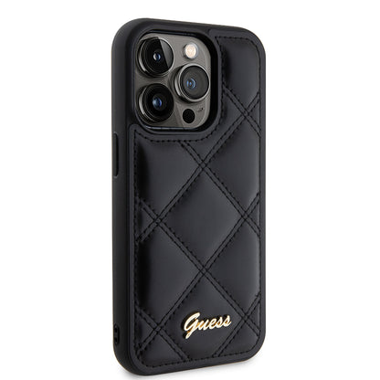 iPhone 14 Pro Max Kılıf Guess Orjinal Lisanslı PU Deri Metal Yazı Logolu Kapitone Kapak