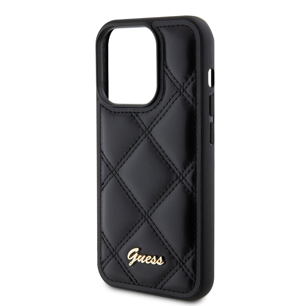 iPhone 14 Pro Max Kılıf Guess Orjinal Lisanslı PU Deri Metal Yazı Logolu Kapitone Kapak