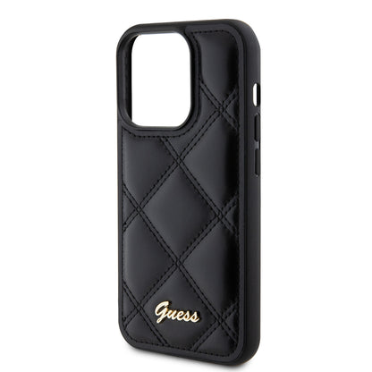 iPhone 14 Pro Max Kılıf Guess Orjinal Lisanslı PU Deri Metal Yazı Logolu Kapitone Kapak