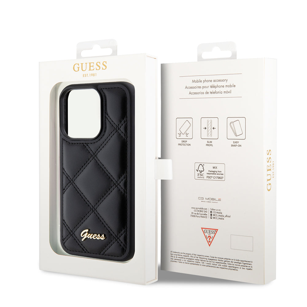 iPhone 14 Pro Max Kılıf Guess Orjinal Lisanslı PU Deri Metal Yazı Logolu Kapitone Kapak