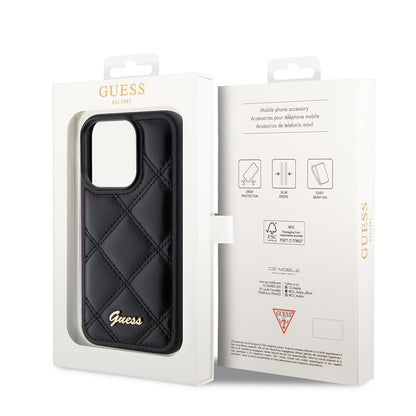 iPhone 14 Pro Max Kılıf Guess Orjinal Lisanslı PU Deri Metal Yazı Logolu Kapitone Kapak