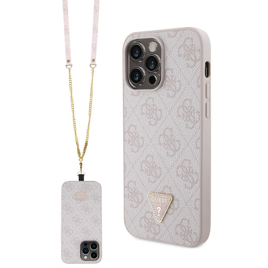 iPhone 14 Pro Max Kılıf Guess Orjinal Lisanslı PU Deri Taşlı Metal Üçgen Logolu Çapraz Vücut Askılı 4G Desenli Kapak