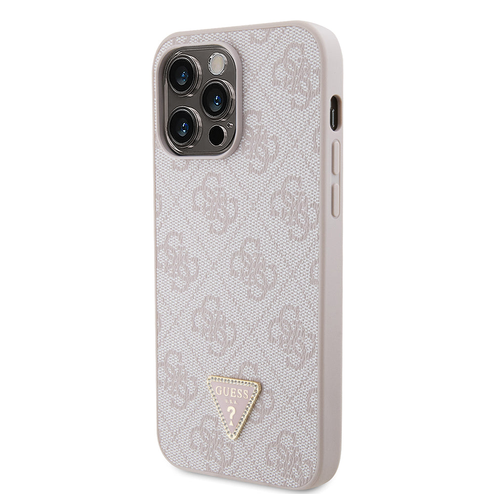 iPhone 14 Pro Max Kılıf Guess Orjinal Lisanslı PU Deri Taşlı Metal Üçgen Logolu Çapraz Vücut Askılı 4G Desenli Kapak
