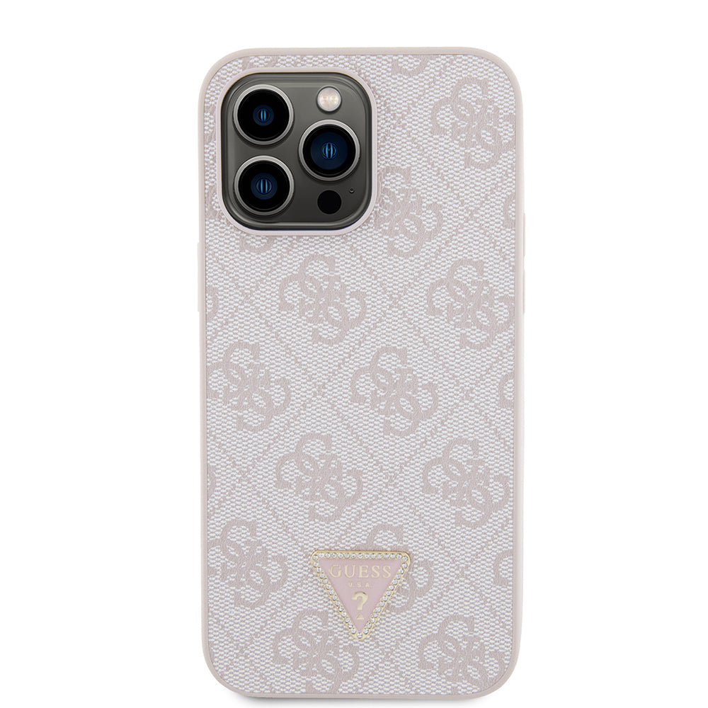 iPhone 14 Pro Max Kılıf Guess Orjinal Lisanslı PU Deri Taşlı Metal Üçgen Logolu Çapraz Vücut Askılı 4G Desenli Kapak