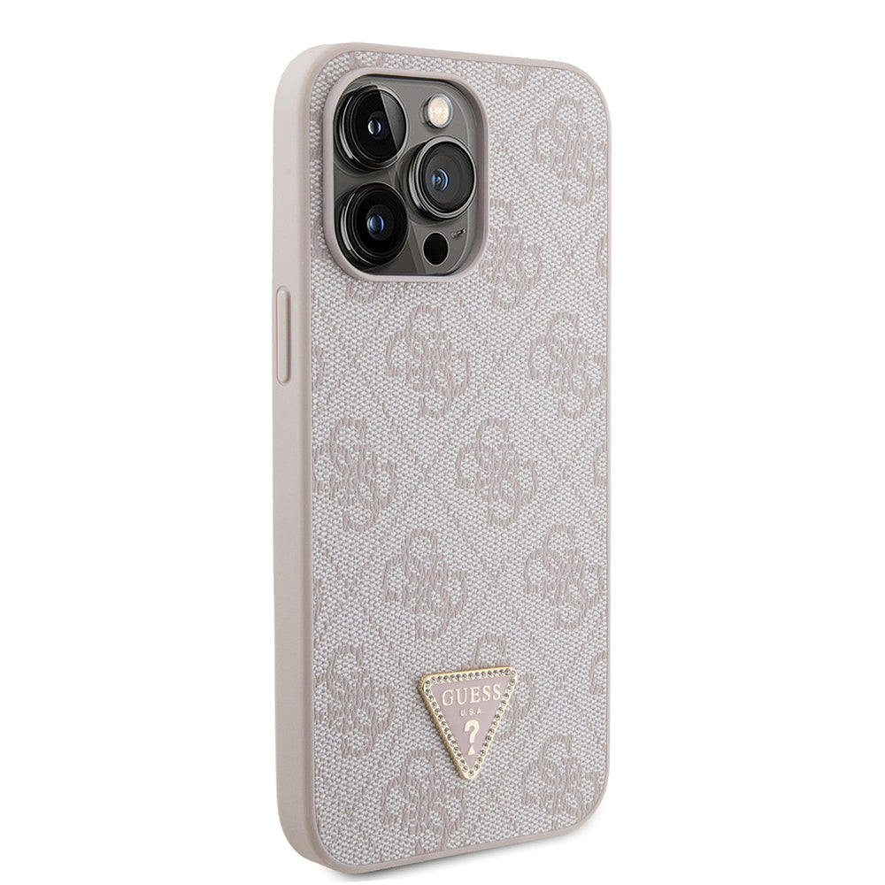 iPhone 14 Pro Max Kılıf Guess Orjinal Lisanslı PU Deri Taşlı Metal Üçgen Logolu Çapraz Vücut Askılı 4G Desenli Kapak
