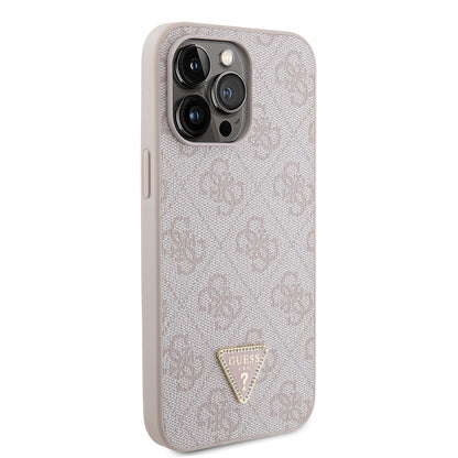 iPhone 14 Pro Max Kılıf Guess Orjinal Lisanslı PU Deri Taşlı Metal Üçgen Logolu Çapraz Vücut Askılı 4G Desenli Kapak