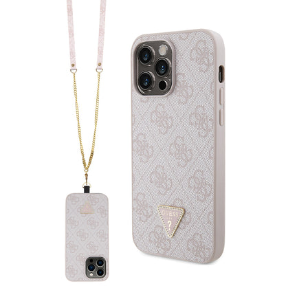 iPhone 14 Pro Max Kılıf Guess Orjinal Lisanslı PU Deri Taşlı Metal Üçgen Logolu Çapraz Vücut Askılı 4G Desenli Kapak