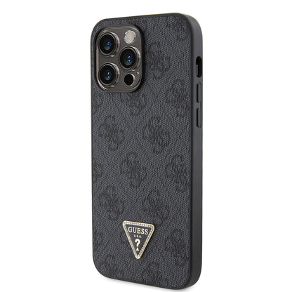 iPhone 14 Pro Max Kılıf Guess Orjinal Lisanslı PU Deri Taşlı Metal Üçgen Logolu Çapraz Vücut Askılı 4G Desenli Kapak