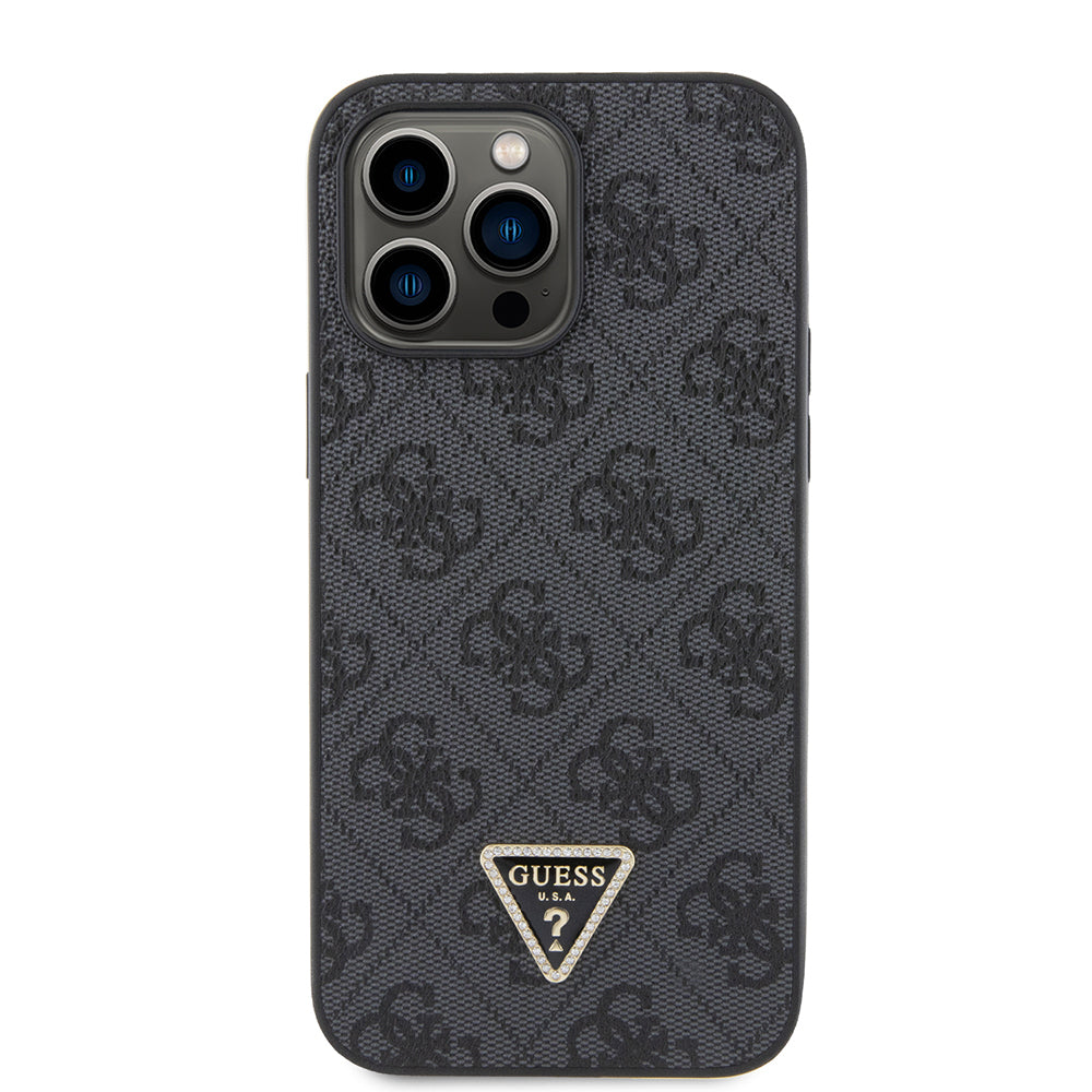 iPhone 14 Pro Max Kılıf Guess Orjinal Lisanslı PU Deri Taşlı Metal Üçgen Logolu Çapraz Vücut Askılı 4G Desenli Kapak
