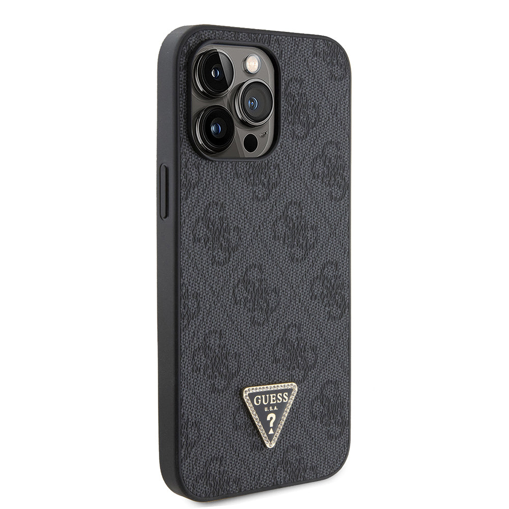 iPhone 14 Pro Max Kılıf Guess Orjinal Lisanslı PU Deri Taşlı Metal Üçgen Logolu Çapraz Vücut Askılı 4G Desenli Kapak