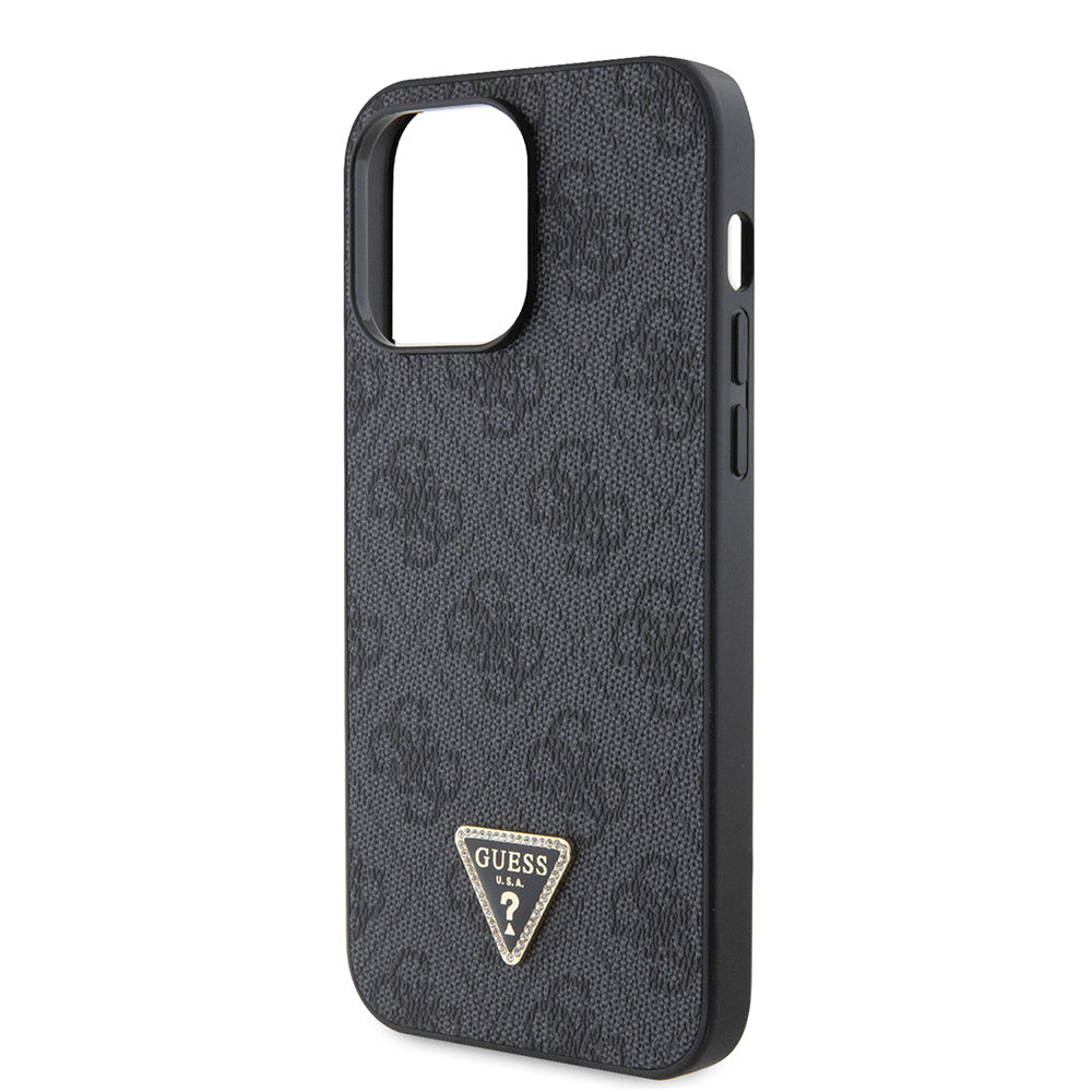 iPhone 14 Pro Max Kılıf Guess Orjinal Lisanslı PU Deri Taşlı Metal Üçgen Logolu Çapraz Vücut Askılı 4G Desenli Kapak