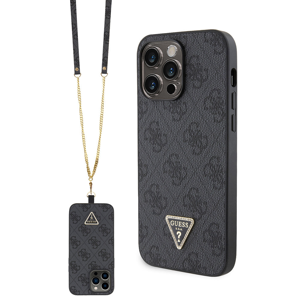 iPhone 14 Pro Max Kılıf Guess Orjinal Lisanslı PU Deri Taşlı Metal Üçgen Logolu Çapraz Vücut Askılı 4G Desenli Kapak
