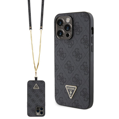 iPhone 14 Pro Max Kılıf Guess Orjinal Lisanslı PU Deri Taşlı Metal Üçgen Logolu Çapraz Vücut Askılı 4G Desenli Kapak