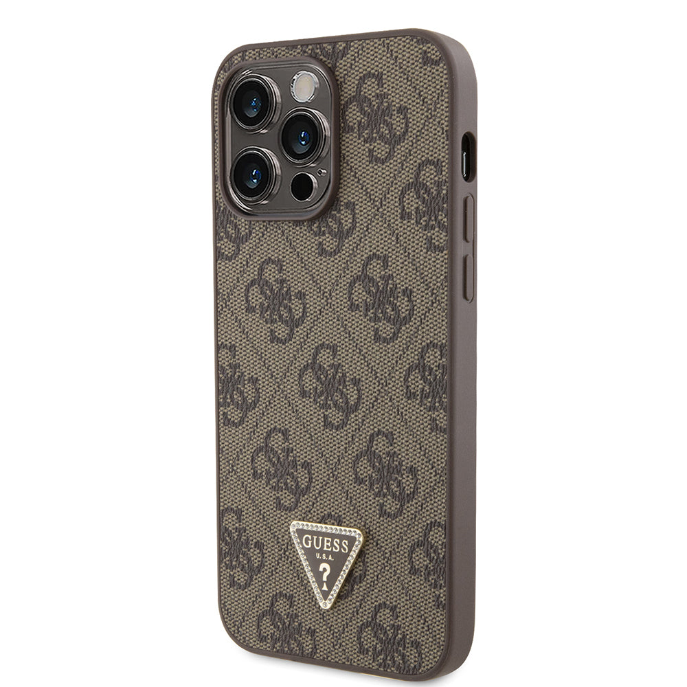 iPhone 14 Pro Max Kılıf Guess Orjinal Lisanslı PU Deri Taşlı Metal Üçgen Logolu Çapraz Vücut Askılı 4G Desenli Kapak