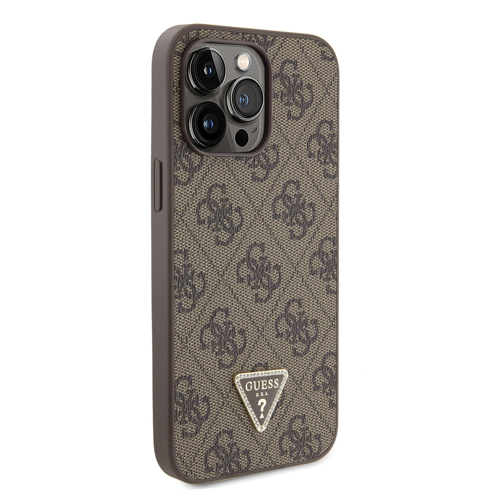 iPhone 14 Pro Max Kılıf Guess Orjinal Lisanslı PU Deri Taşlı Metal Üçgen Logolu Çapraz Vücut Askılı 4G Desenli Kapak