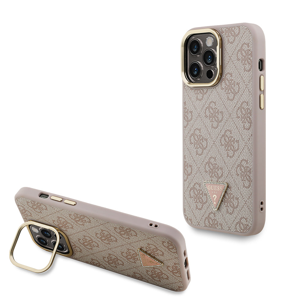 iPhone 14 Pro Max Kılıf Guess Orjinal Lisanslı PU Deri Taşlı Üçgen Logo 4G Desenli Kamera Standlı Kapak