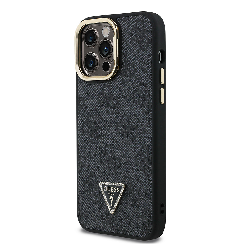 iPhone 14 Pro Max Kılıf Guess Orjinal Lisanslı PU Deri Taşlı Üçgen Logo 4G Desenli Kamera Standlı Kapak