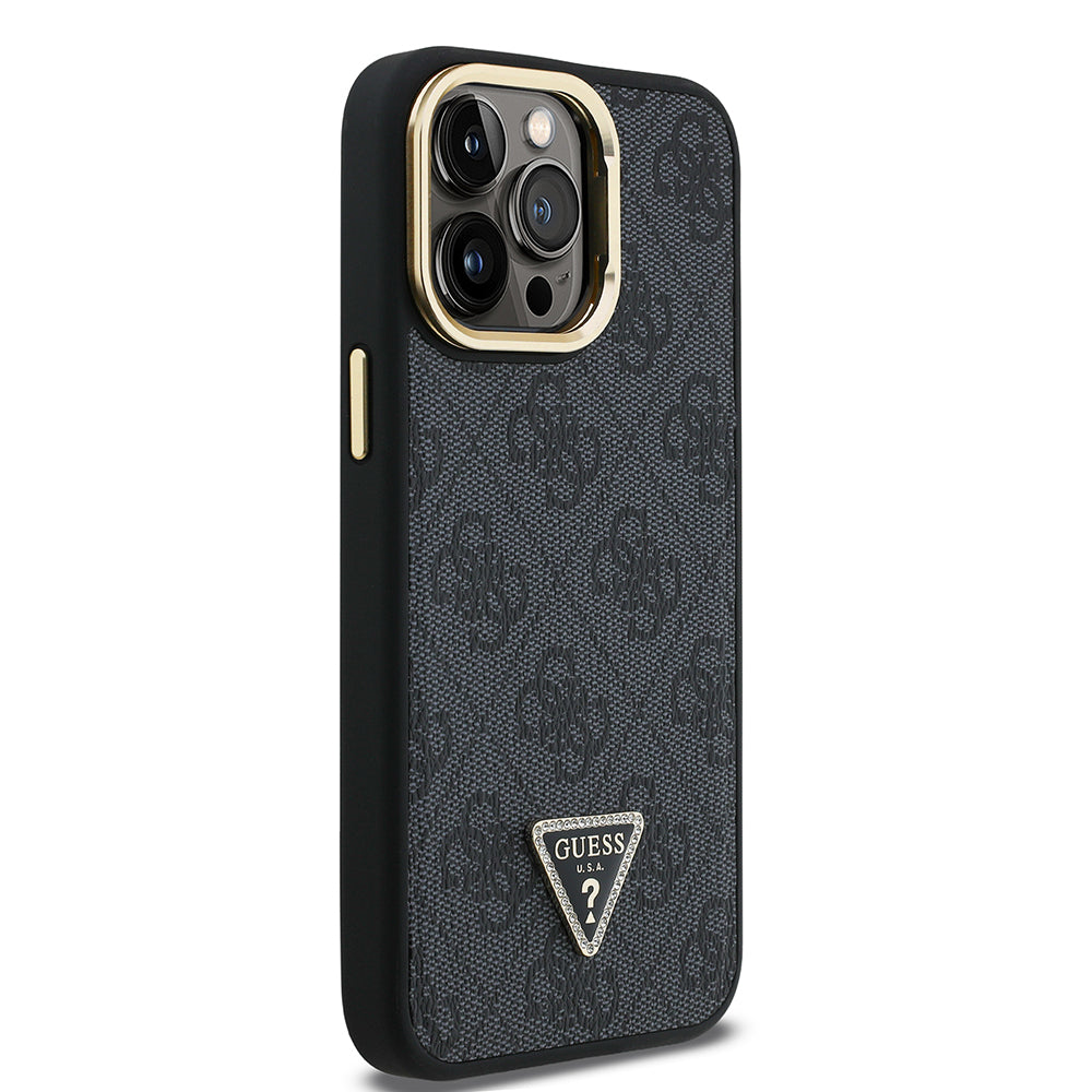 iPhone 14 Pro Max Kılıf Guess Orjinal Lisanslı PU Deri Taşlı Üçgen Logo 4G Desenli Kamera Standlı Kapak