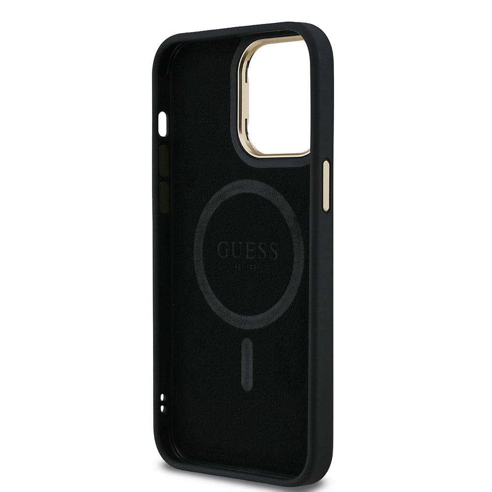 iPhone 14 Pro Max Kılıf Guess Orjinal Lisanslı PU Deri Taşlı Üçgen Logo 4G Desenli Kamera Standlı Kapak