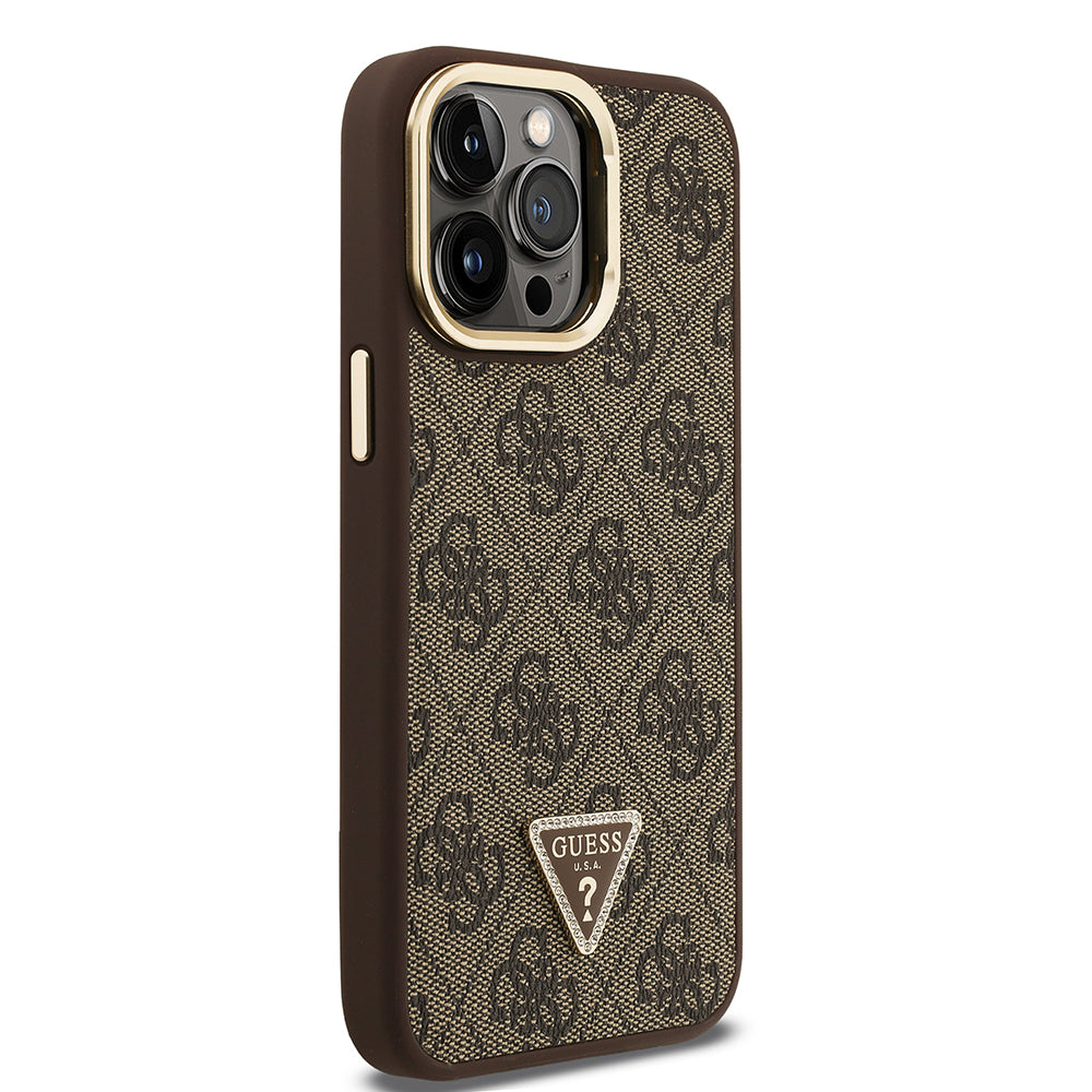 iPhone 14 Pro Max Kılıf Guess Orjinal Lisanslı PU Deri Taşlı Üçgen Logo 4G Desenli Kamera Standlı Kapak