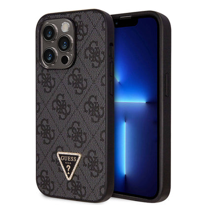 iPhone 14 Pro Max Kılıf Guess Orjinal Lisanslı PU Deri Taşlı Üçgen Logo 4G Desenli Kapak