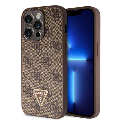 iPhone 14 Pro Max Kılıf Guess Orjinal Lisanslı PU Deri Taşlı Üçgen Logo 4G Desenli Kapak