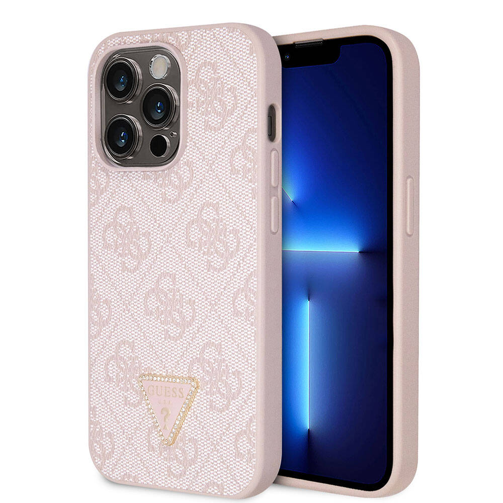 iPhone 14 Pro Max Kılıf Guess Orjinal Lisanslı PU Deri Taşlı Üçgen Logo 4G Desenli Kapak
