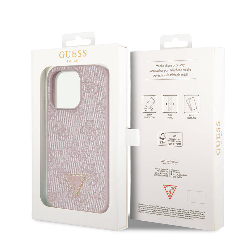 iPhone 14 Pro Max Kılıf Guess Orjinal Lisanslı PU Deri Taşlı Üçgen Logo 4G Desenli Kapak