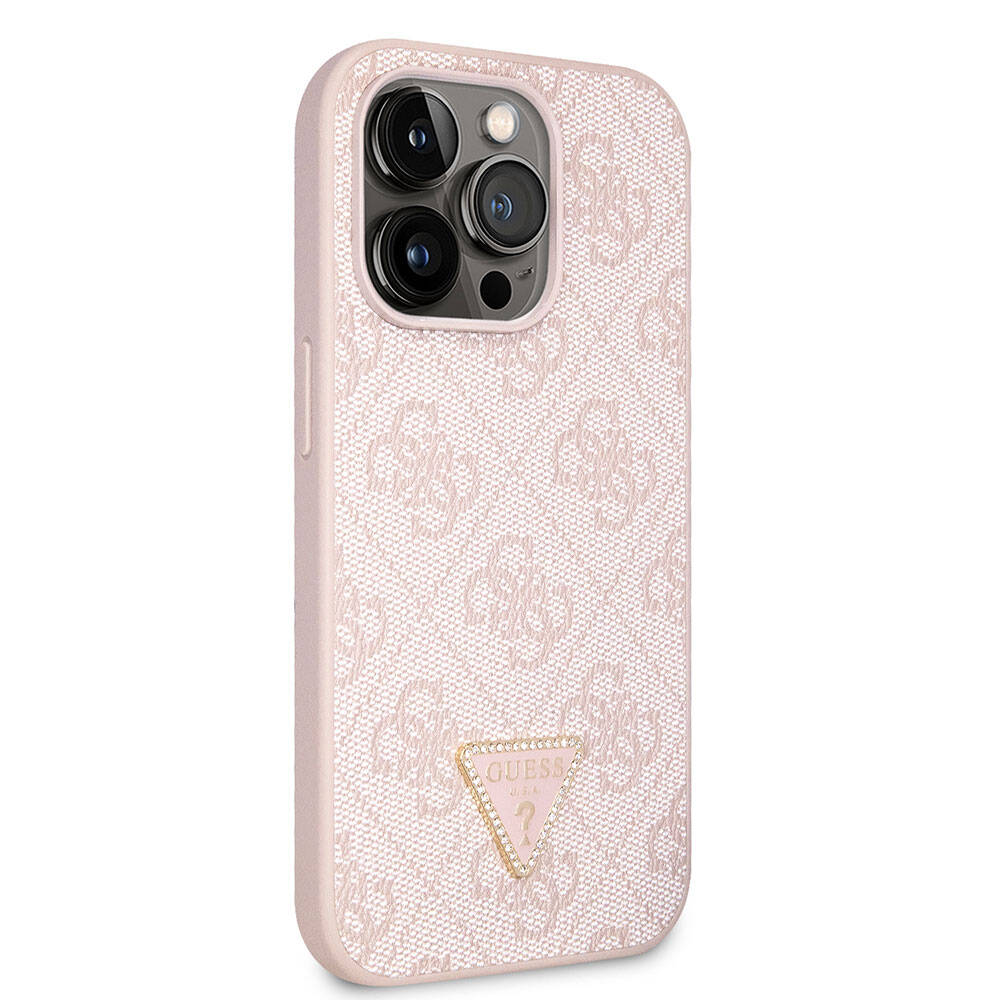 iPhone 14 Pro Max Kılıf Guess Orjinal Lisanslı PU Deri Taşlı Üçgen Logo 4G Desenli Kapak