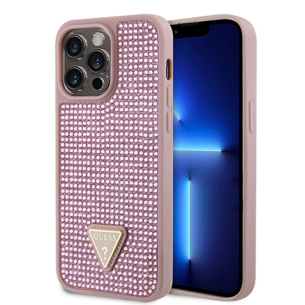 iPhone 14 Pro Max Kılıf Guess Orjinal Lisanslı Taşlı Arka Yüzey Üçgen Logolu Kapak