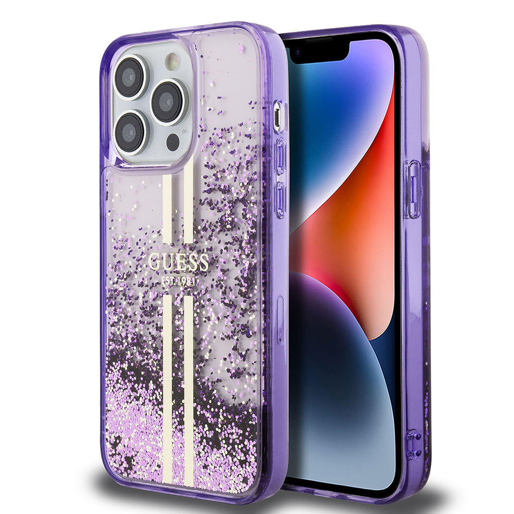 iPhone 14 Pro Max Kılıf Guess Orjinal Lisanslı Transparan Sıvılı Simli Altın Çizgili Kapak