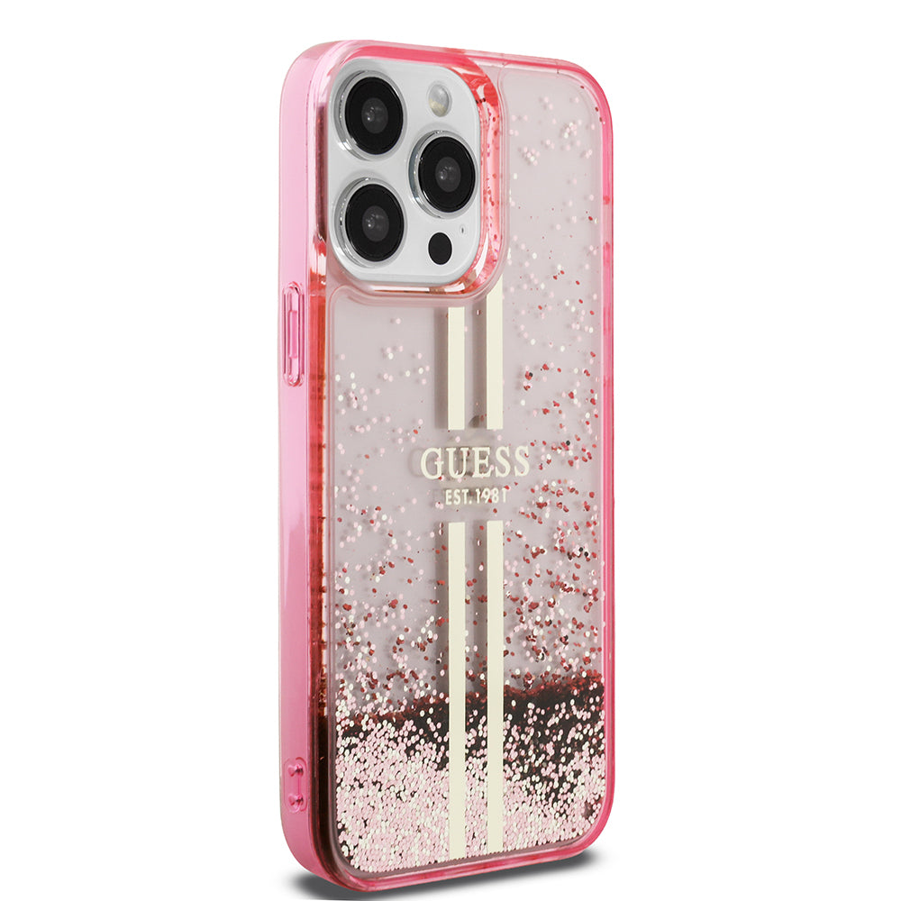 iPhone 14 Pro Max Kılıf Guess Orjinal Lisanslı Transparan Sıvılı Simli Altın Çizgili Kapak