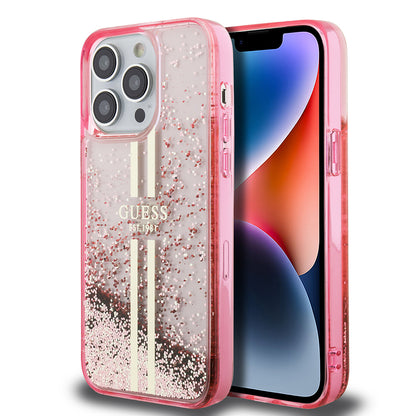 iPhone 14 Pro Max Kılıf Guess Orjinal Lisanslı Transparan Sıvılı Simli Altın Çizgili Kapak