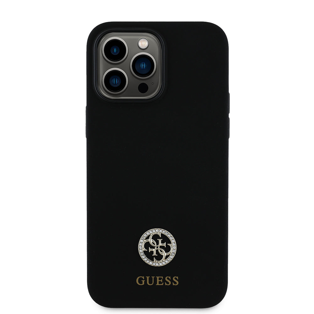 iPhone 14 Pro Max Kılıf Guess Orjinal Lisanslı Yazı ve Taşlı 4G Logolu Silikon Kapak