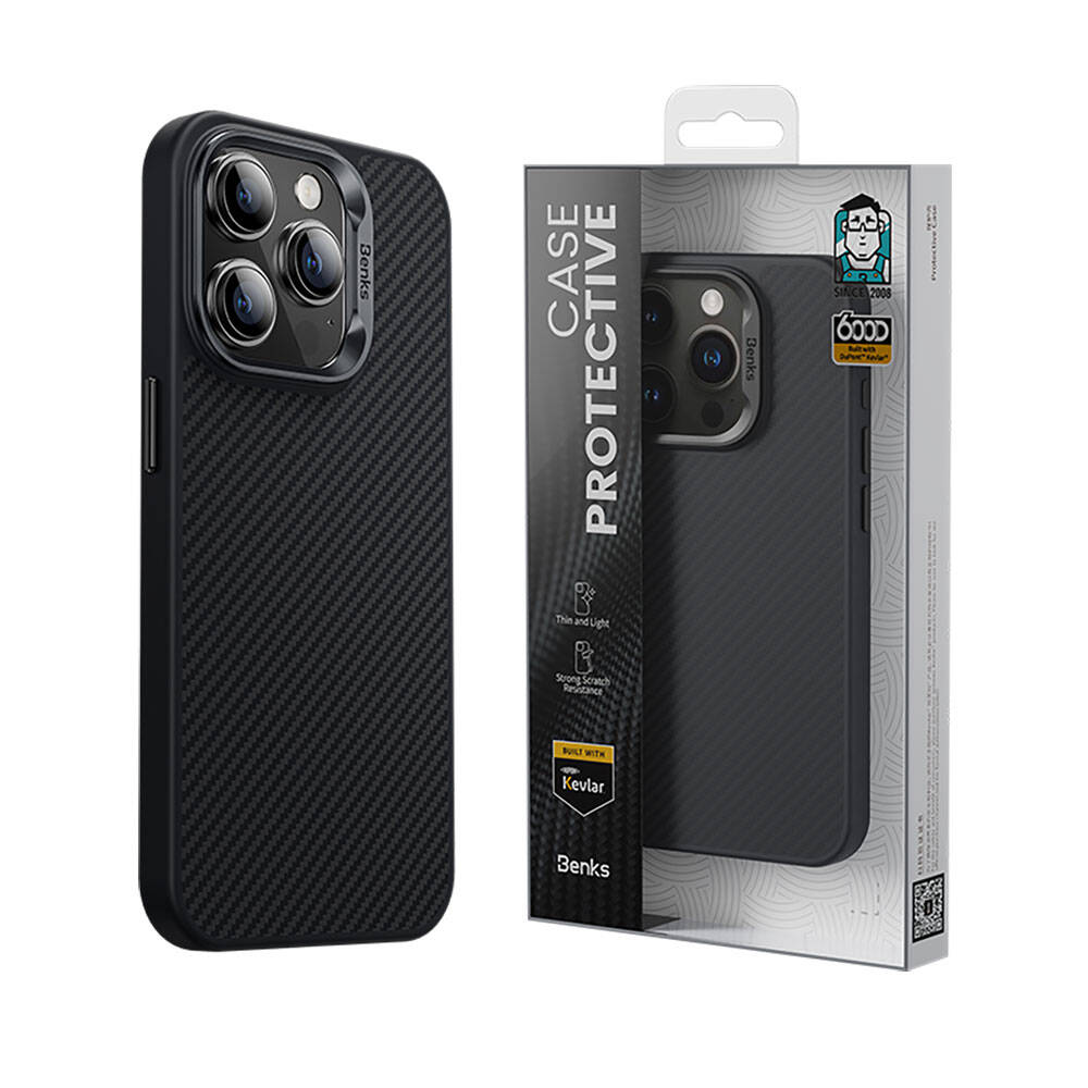 iPhone 14 Pro Max Kılıf Karbon Fiber M-safe Şarj Özellikli Benks Hybrid ArmorPro 600D Kevlar Kapak