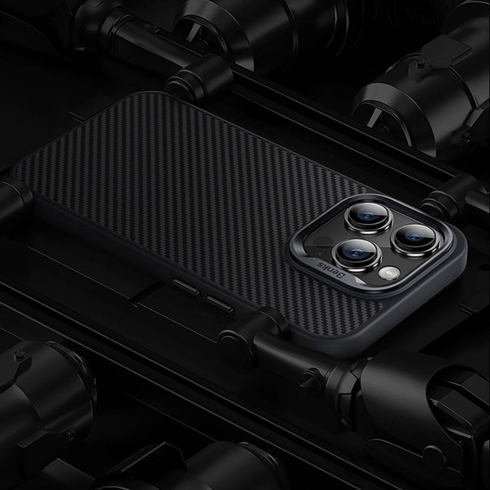 iPhone 14 Pro Max Kılıf Karbon Fiber M-safe Şarj Özellikli Benks Hybrid ArmorPro 600D Kevlar Kapak