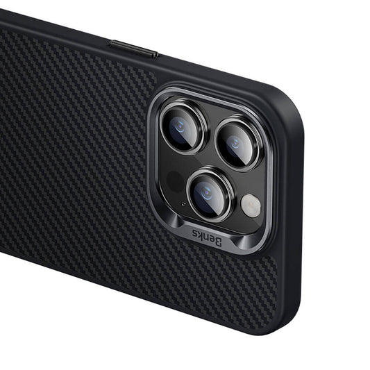 iPhone 14 Pro Max Kılıf Karbon Fiber M-safe Şarj Özellikli Benks Hybrid ArmorPro 600D Kevlar Kapak